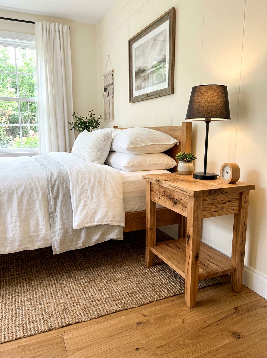 Raw wood nightstand - 30 farmhouse bedroom ideas