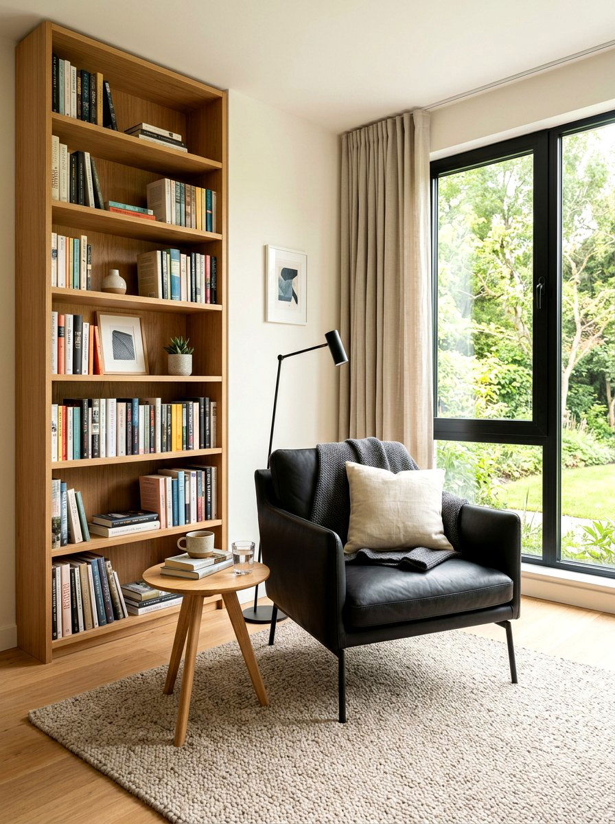 Reading Nook Black Chair Wood Bookshelf - 30 black and wood decor ideas