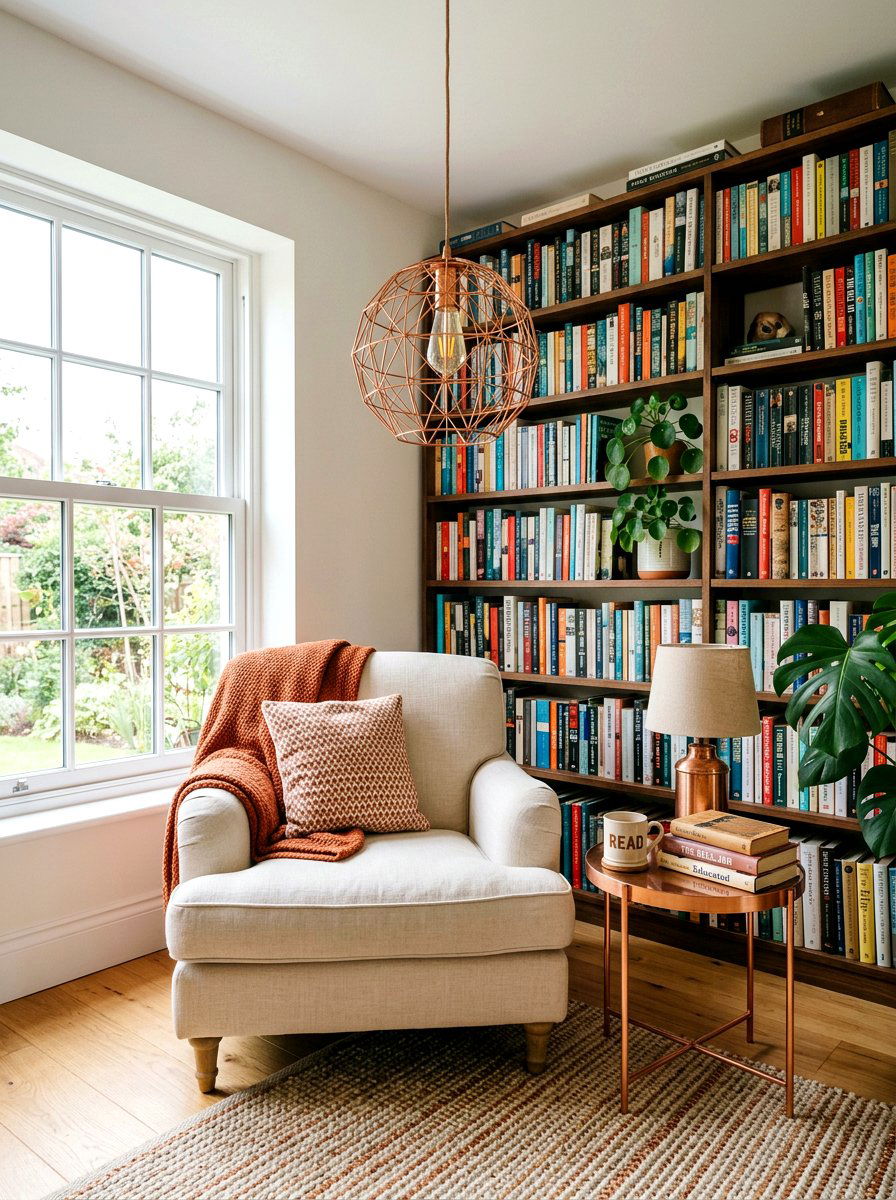 Reading nook small copper globe pendant - 30 globe pendant ideas