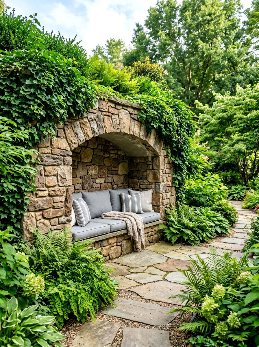 Recessed Stone Wall Seating - 30 tea garden seating ideas