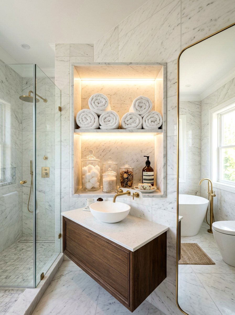 Recessed Wall Niche Storage - 30 bathroom linen shelf ideas