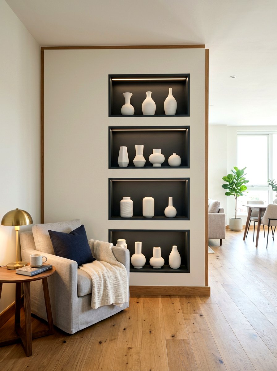Recessed shelving nooks - 30 broken floor plan apartment ideas