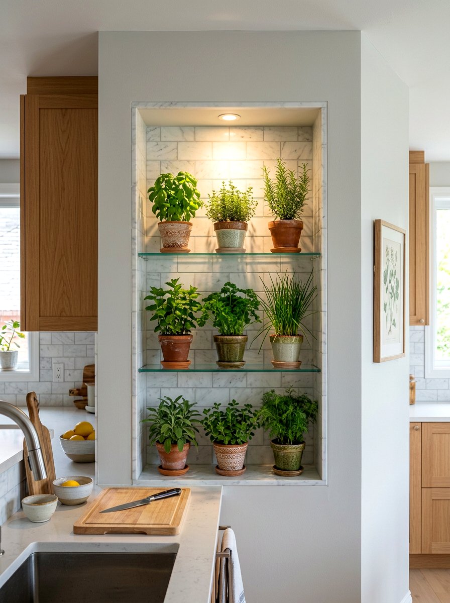 Recessed wall herb niche - 30 kitchen herb shelf ideas