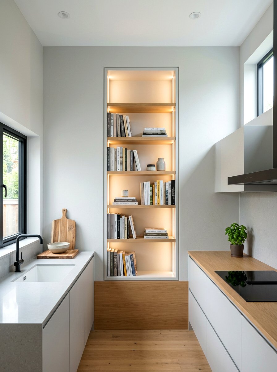 Recessed wall niche - 30 book shelf kitchen ideas