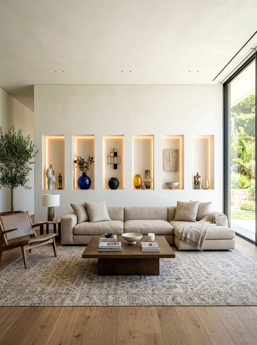 Recessed wall niches - 30 family friendly living room storage ideas
