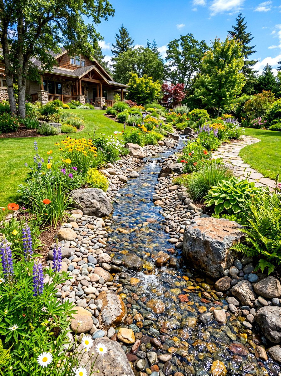 Recirculating creek bed - 30 front yard water feature ideas
