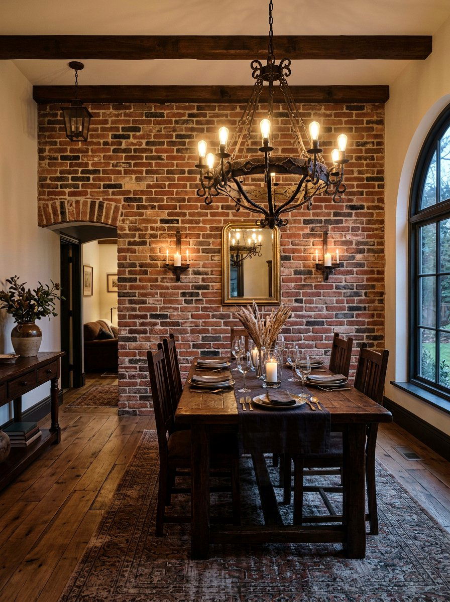 Reclaimed Brick Feature Wall - 30 French country dining room decor ideas