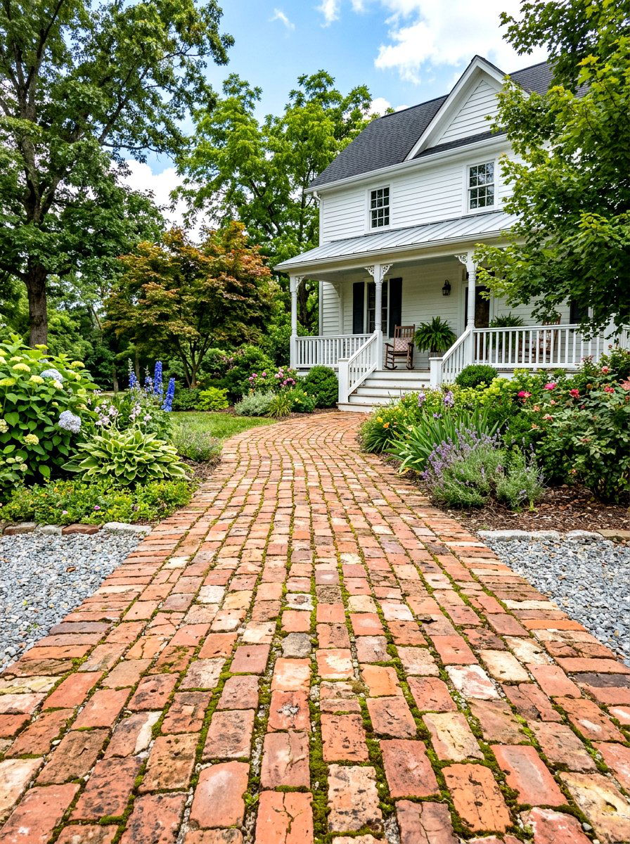Reclaimed Brick Sidewalk - 30 brick walkway ideas