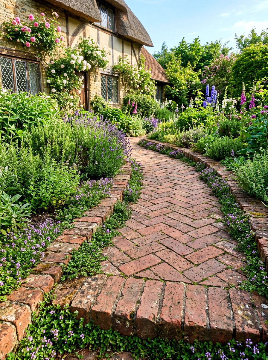 Reclaimed Brick Walkway Border - 30 cottage border backyard ideas