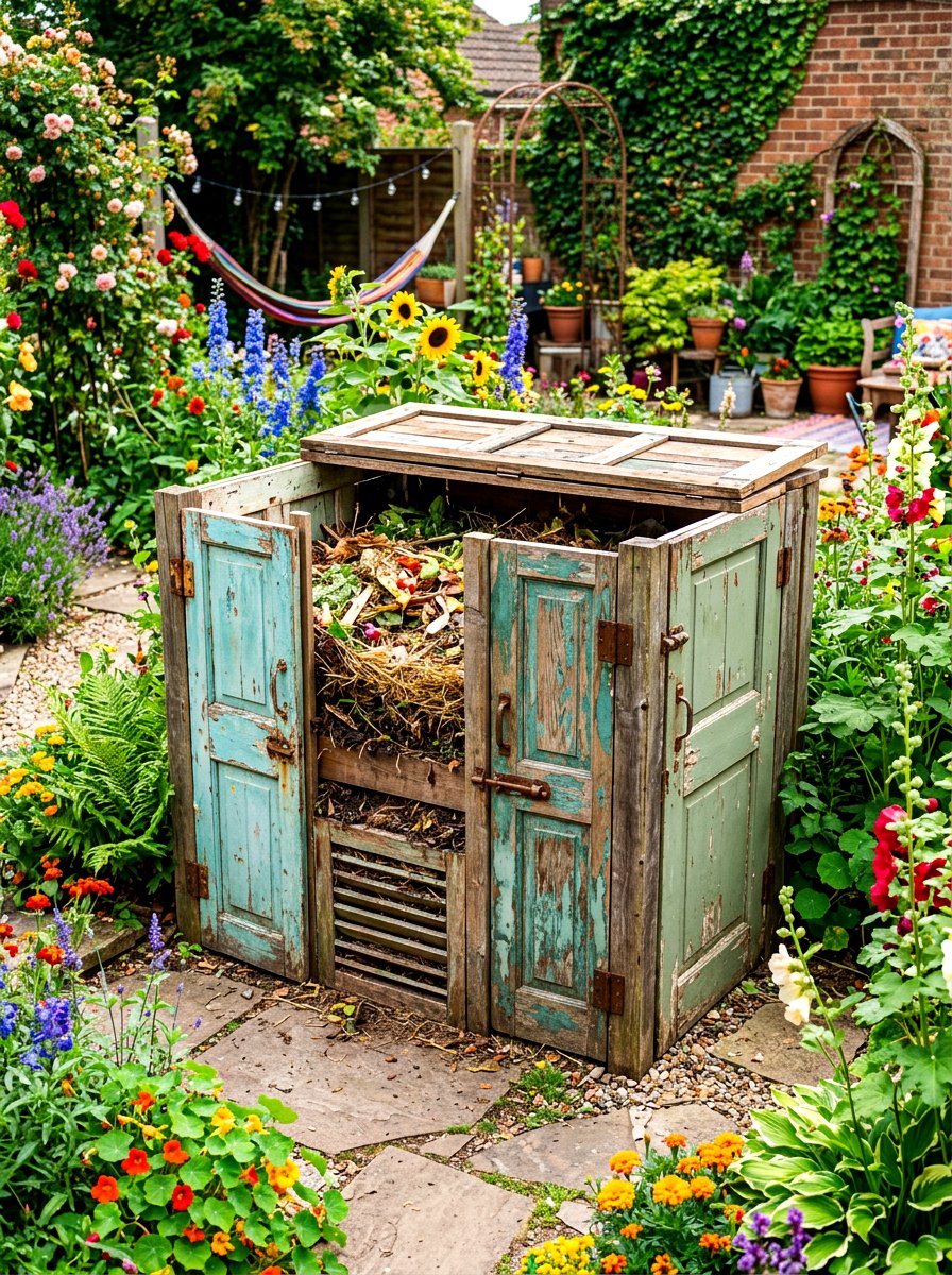 Reclaimed Door Compost Enclosure - 30 compost corner ideas