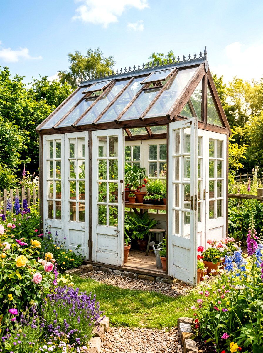 Reclaimed Door Greenhouse - 30 mini backyard greenhouse ideas
