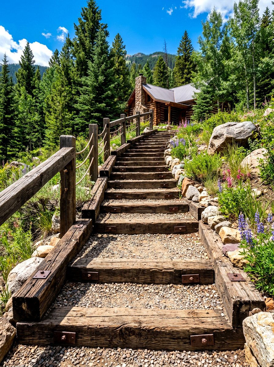 Reclaimed Railway Tie Stairs - 30 side yard walkway ideas