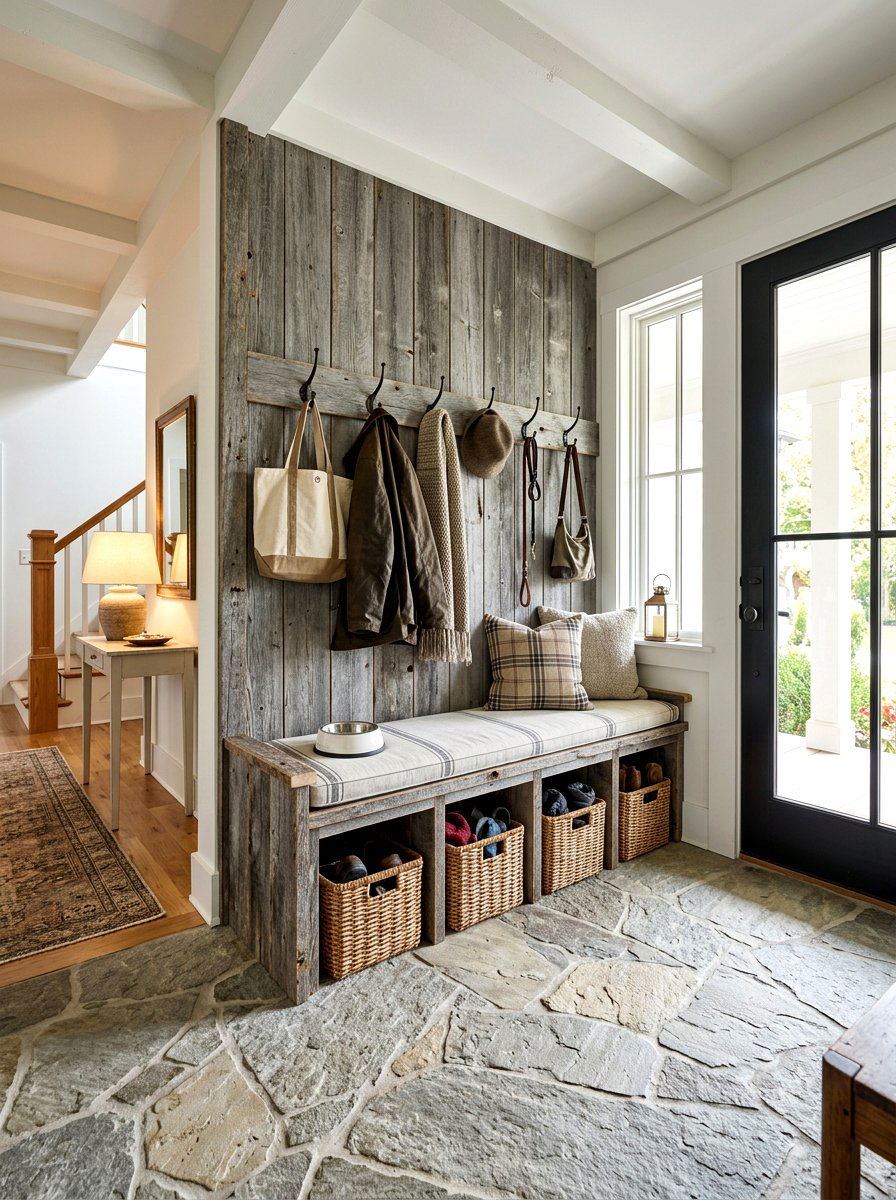 Reclaimed Siding Mudroom Bench - 30 reclaimed material decor ideas