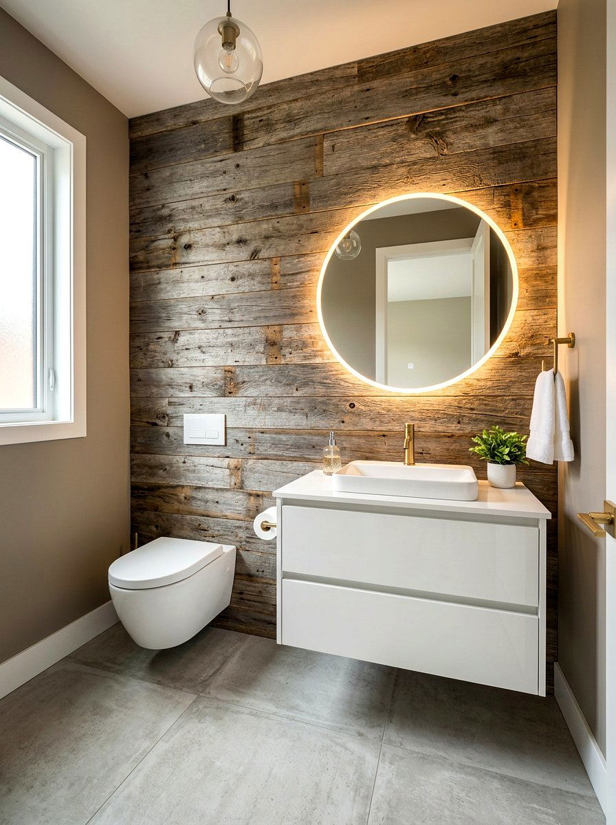 Reclaimed Wood Accent Powder Room - 30 boutique hotel powder room ideas