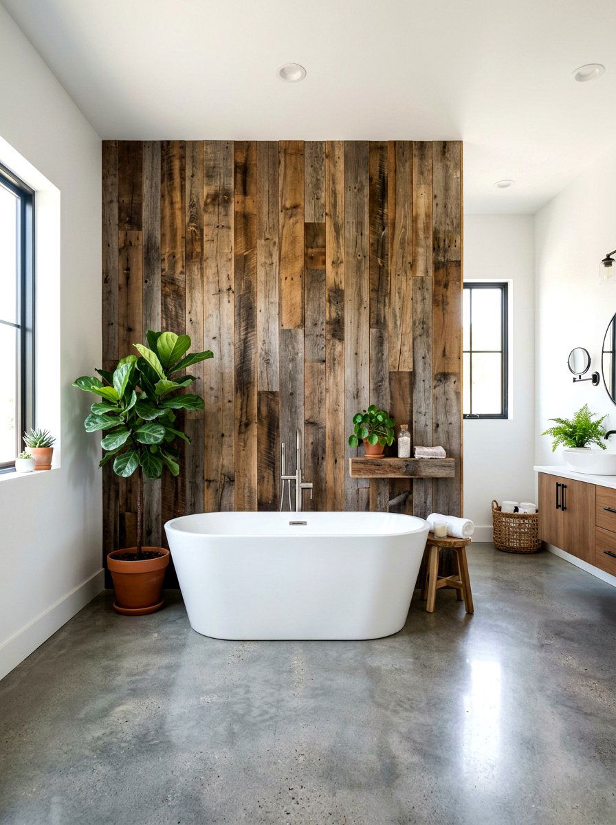 Reclaimed Wood Accent - 30 farmhouse bathroom ideas