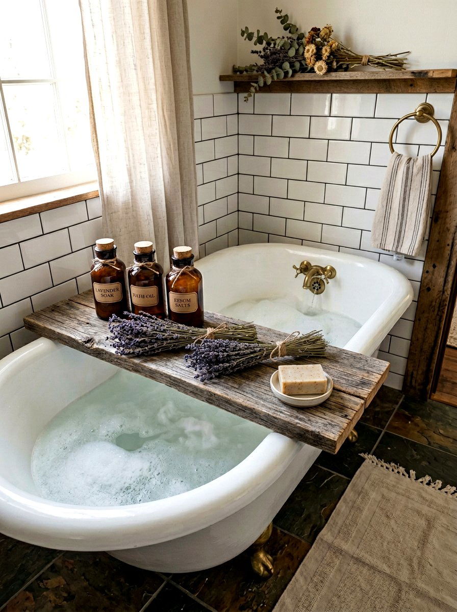 Reclaimed Wood Bath Caddy - 30 bath tray styling ideas