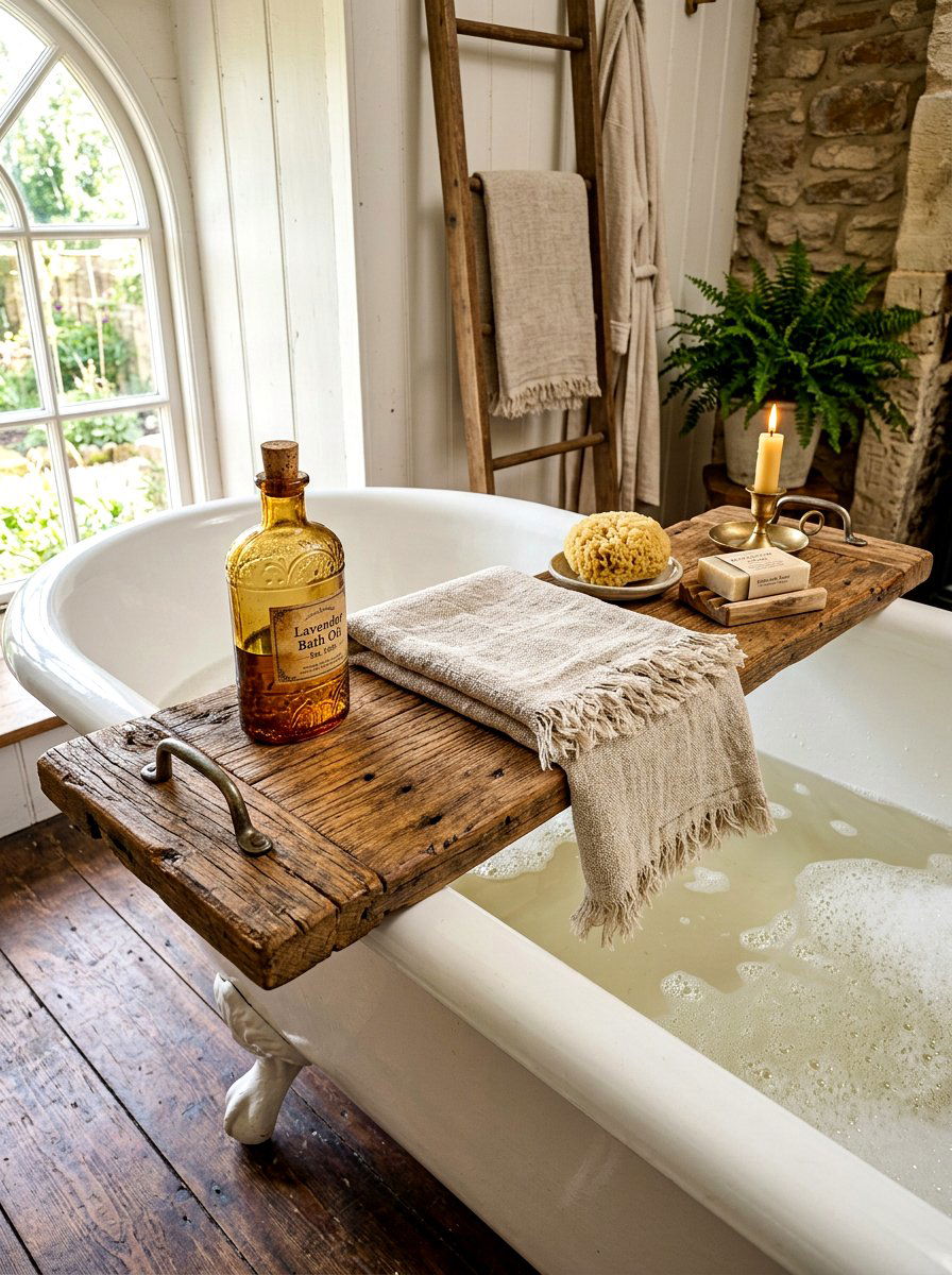 Reclaimed Wood Bath Shelf - 30 bath tray spa ideas