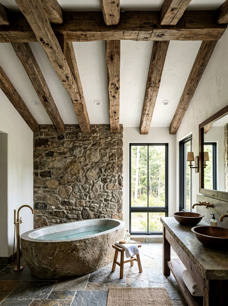 Reclaimed Wood Beam - 30 old world bathroom ideas