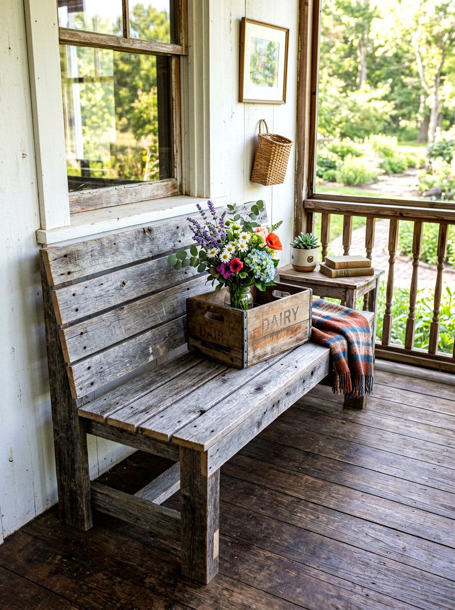 Reclaimed Wood Bench - 30 front porch bench ideas