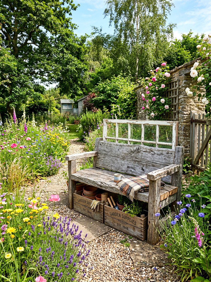 Reclaimed Wood Bench - 30 potting bench storage ideas