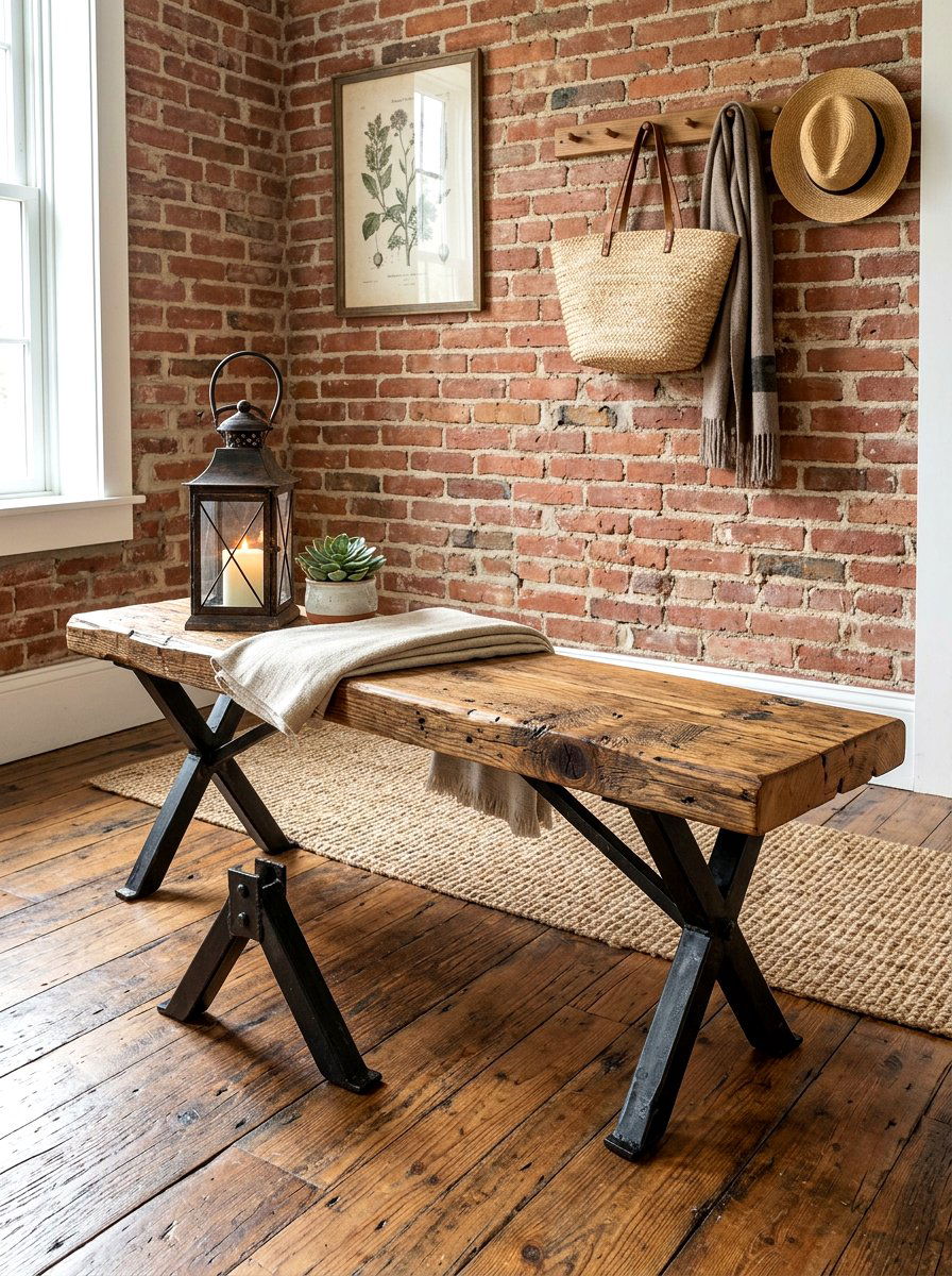 Reclaimed Wood Bench With Iron Legs - 30 farmhouse entryway bench ideas