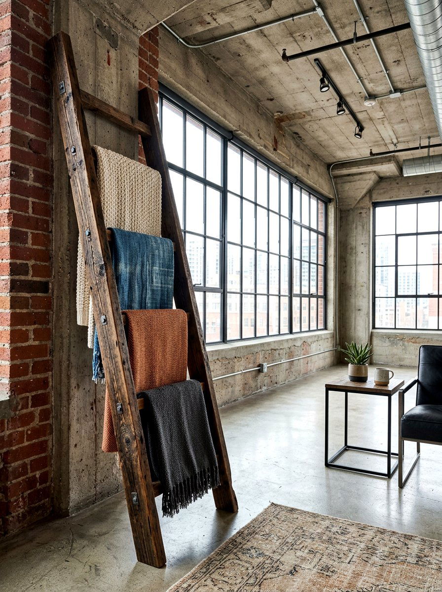 Reclaimed Wood Blanket Ladder - 30 blanket ladder ideas
