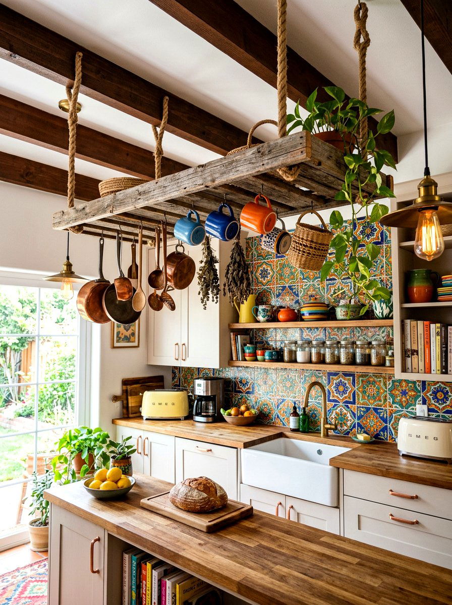 Reclaimed Wood Ceiling Rack - 30 hanging pot rack ideas