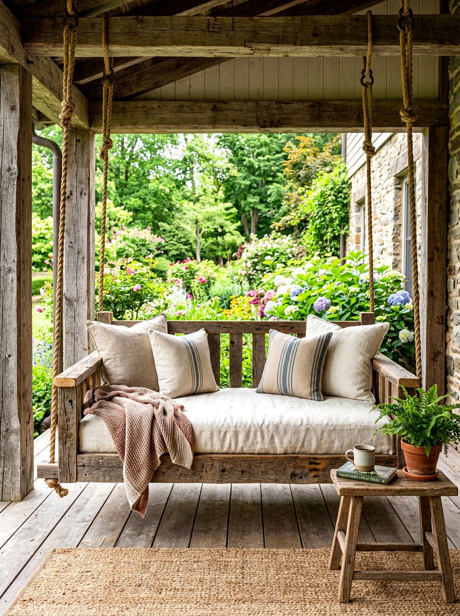 Reclaimed Wood Daybed Swing - 30 farmhouse porch swing ideas