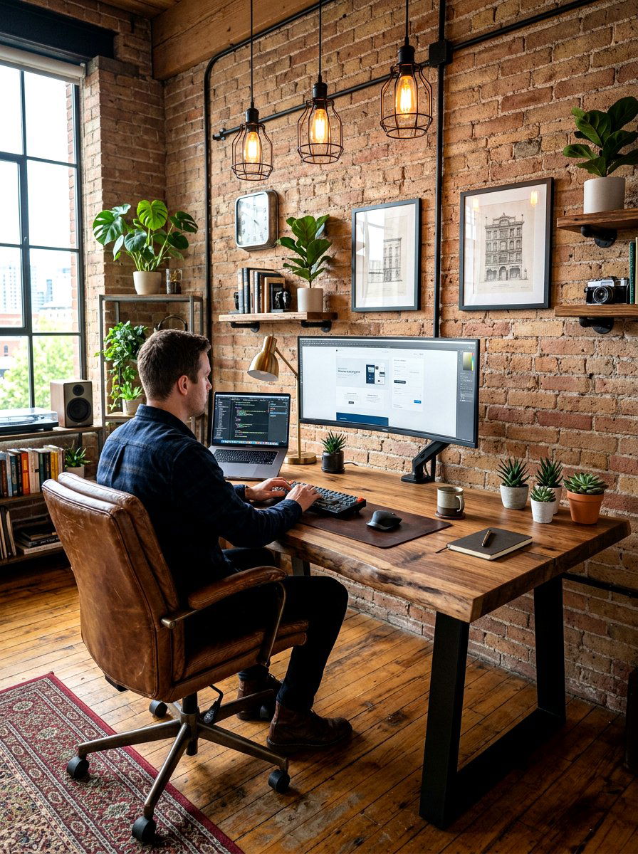 Reclaimed Wood Desk Setup - 30 energy efficient home office ideas
