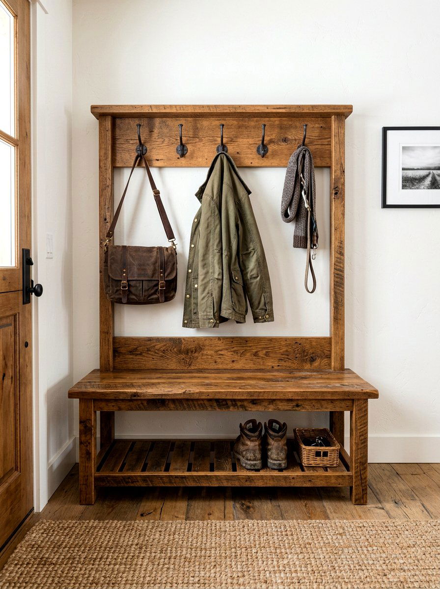 Reclaimed Wood Entry Bench With Hooks - 30 entry bench and hooks ideas