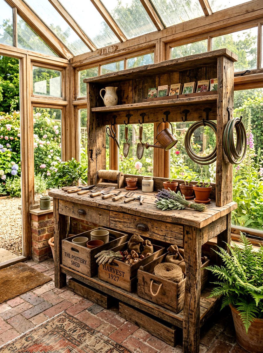 Reclaimed Wood Garden Station - 30 greenhouse storage bench ideas