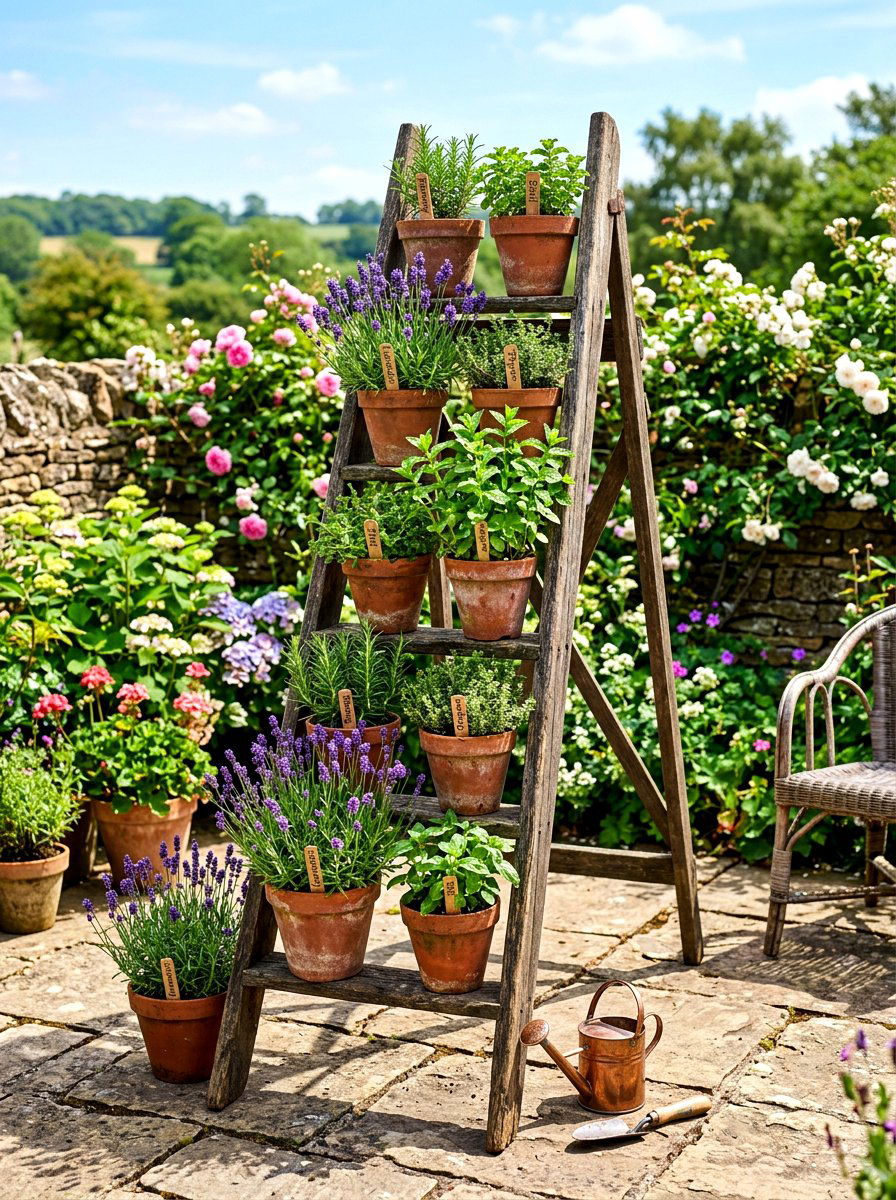 Reclaimed Wood Herb Ladder - 30 rustic herb garden ideas