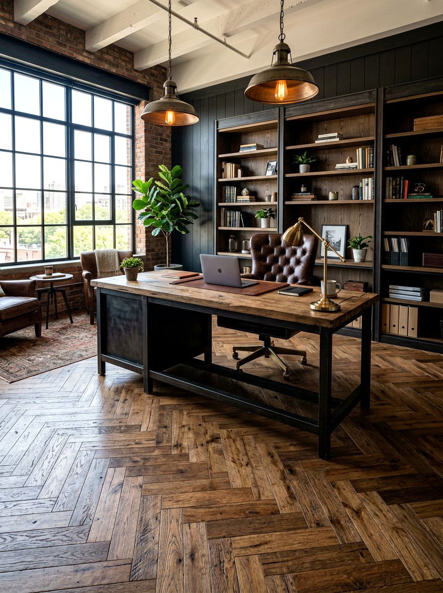 Reclaimed Wood Herringbone Office - 30 herringbone floor ideas