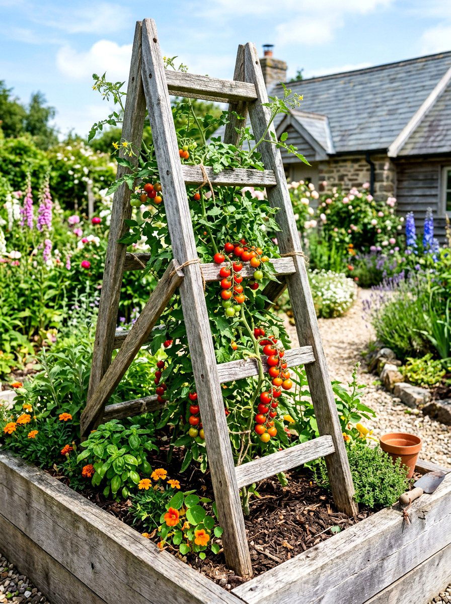 Reclaimed Wood Ladder Trellis - 30 raised bed trellis ideas