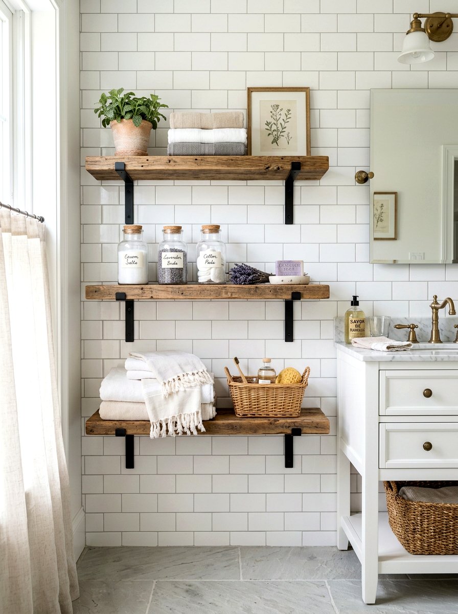 Reclaimed Wood Open Wall Shelving - 30 French country bathroom ideas