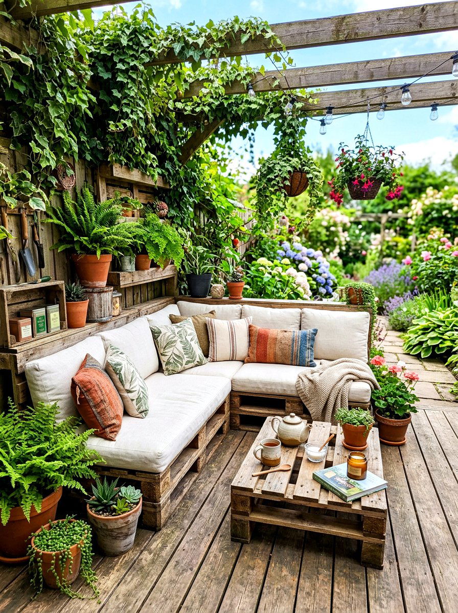 Reclaimed Wood Pallet Lounge - 30 tea garden corner ideas