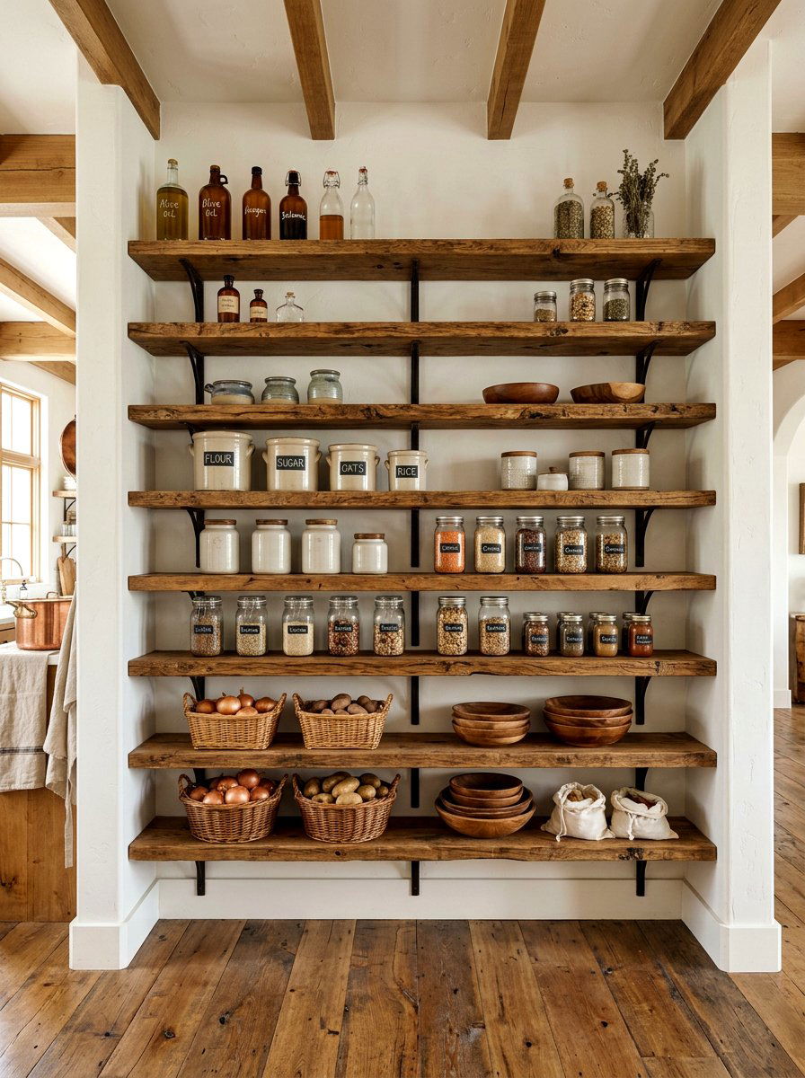Reclaimed Wood Pantry Shelving - 30 farmhouse pantry ideas