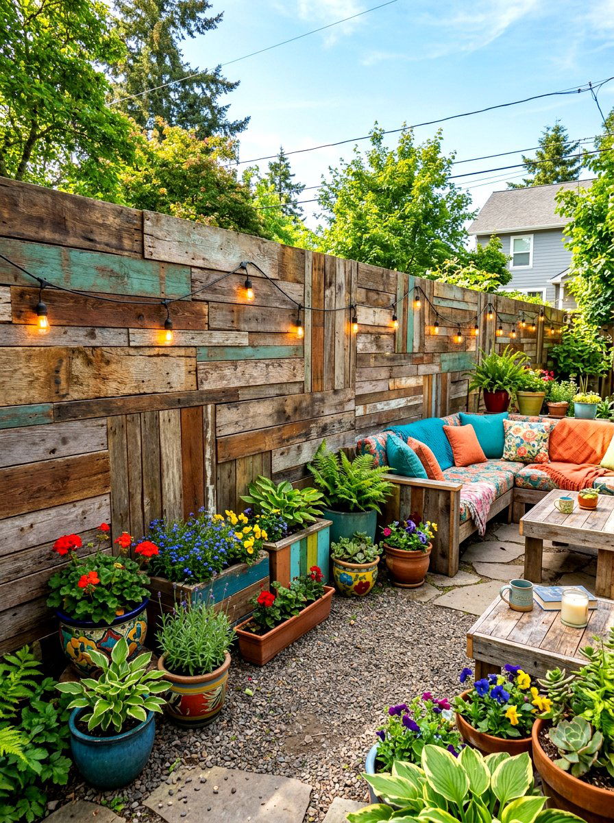 Reclaimed Wood Patchwork Fence - 30 small yard fence ideas