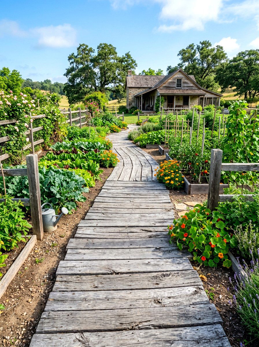 Reclaimed Wood Path - 30 vegetable garden path ideas