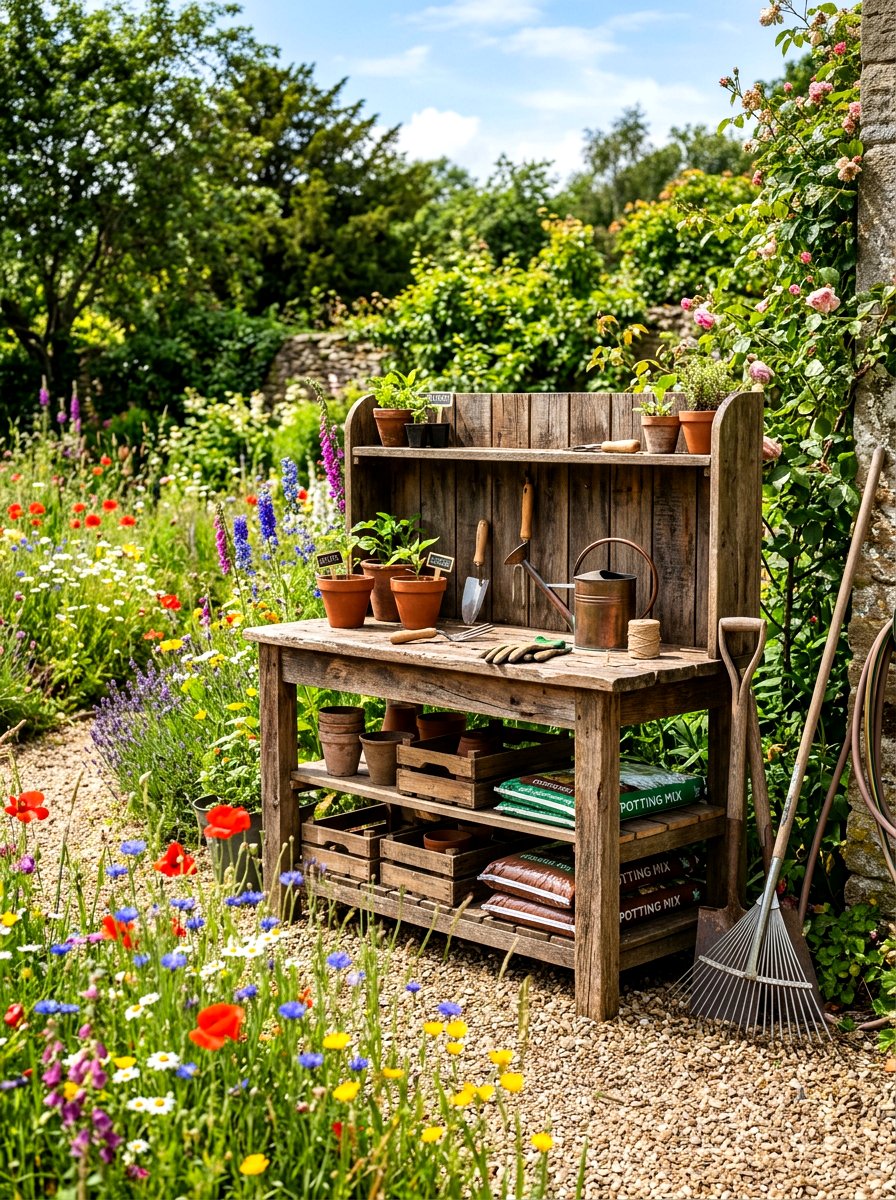 Reclaimed Wood Potting Station - 30 outdoor potting station ideas