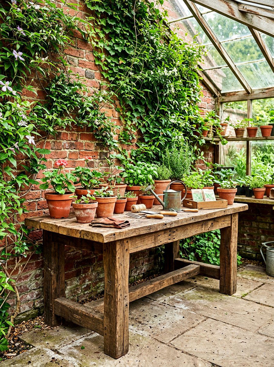 Reclaimed Wood Potting Table - 30 greenhouse potting bench ideas