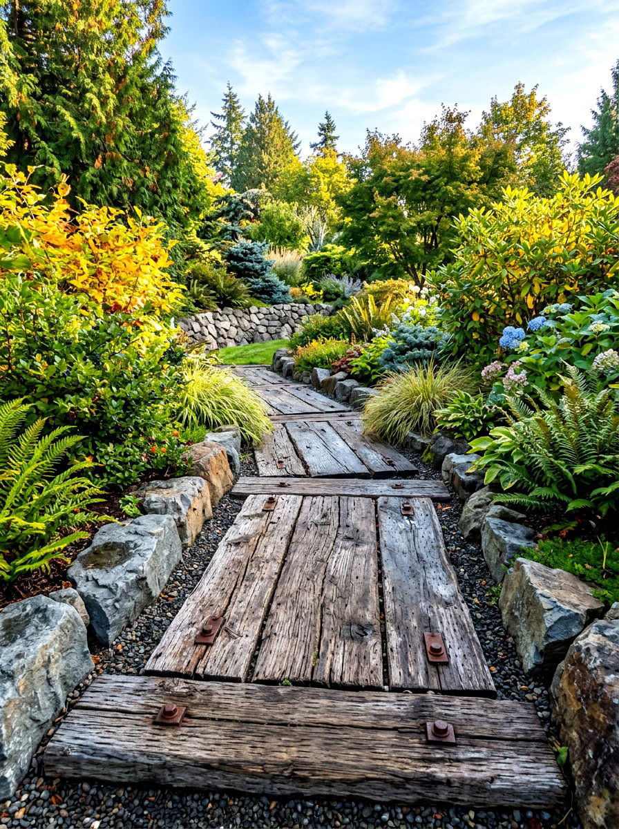 Reclaimed Wood Sleeper Path - 30 path through garden ideas
