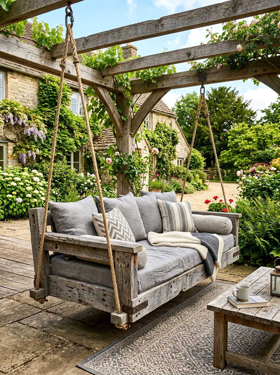 Reclaimed Wood Swing Bed - 30 porch daybed swing ideas
