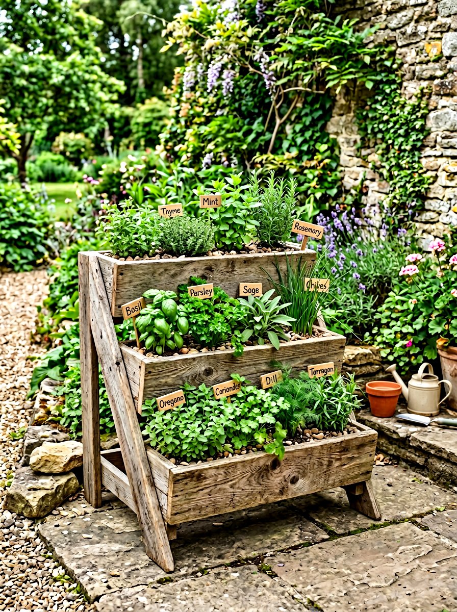 Reclaimed Wood Tiered Box - 30 tiered herb planter ideas