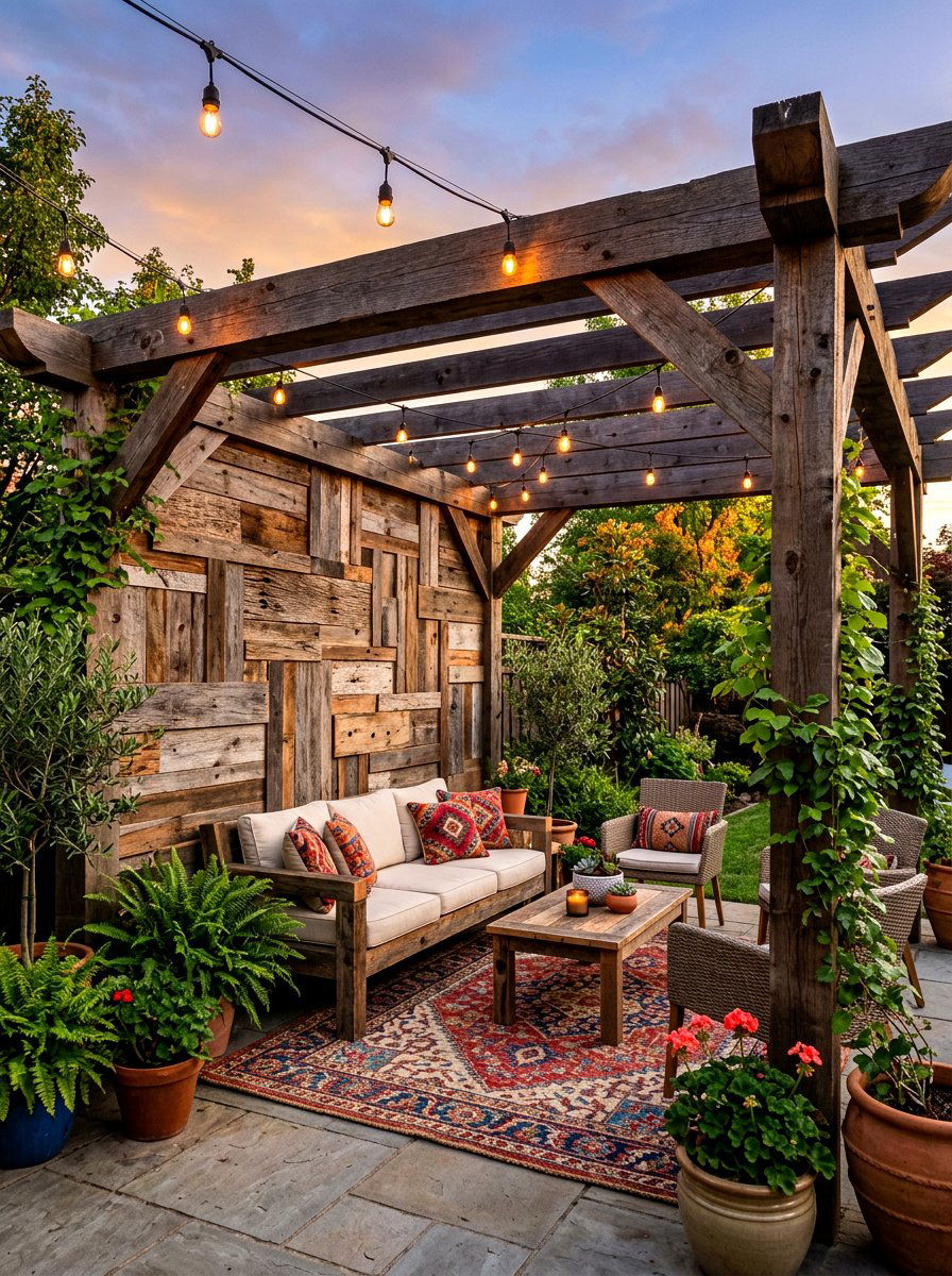Reclaimed Wood Wall - 30 pergola privacy wall ideas