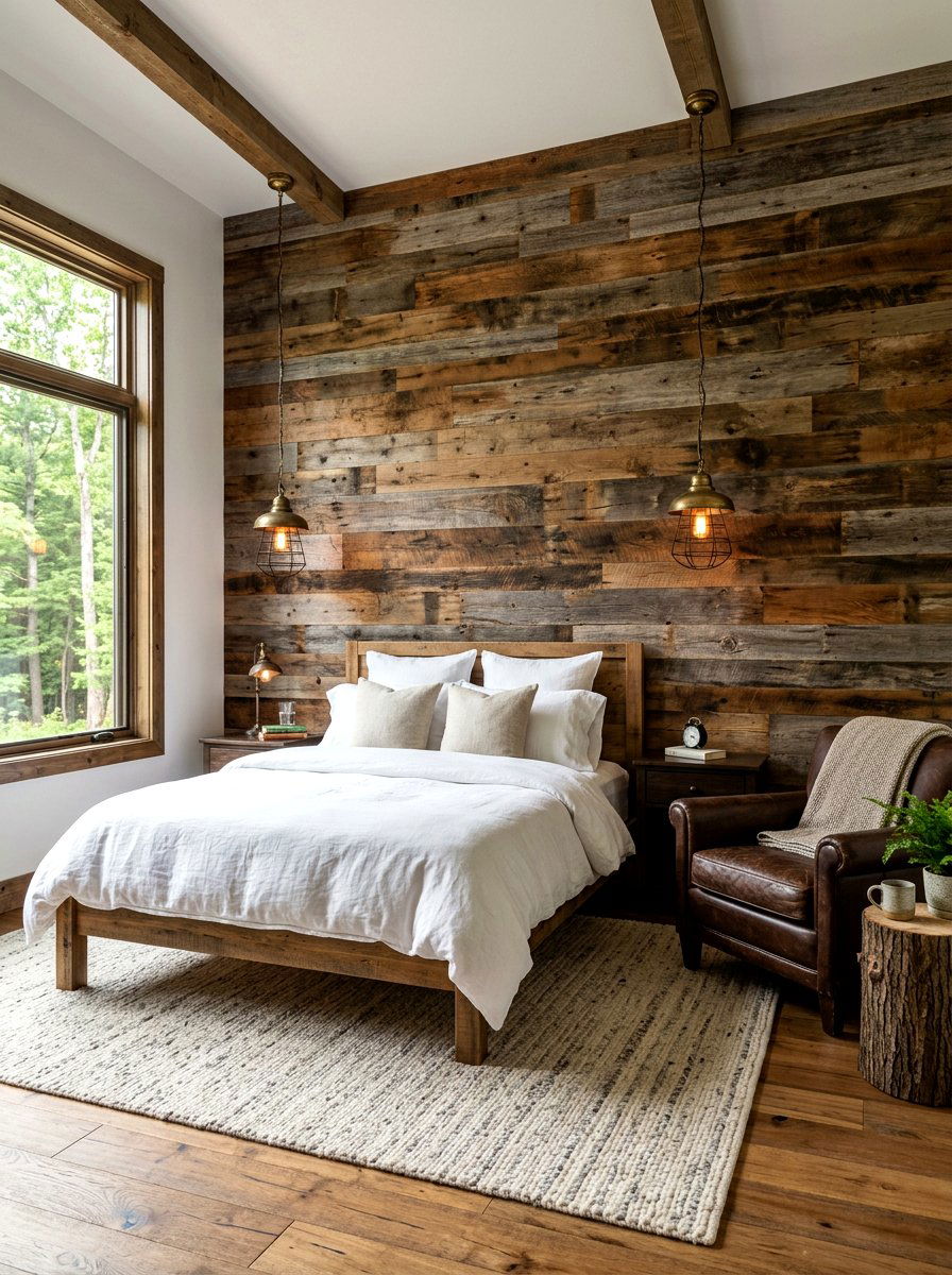 Reclaimed Wood Wall Bedroom - 30 cabin bedroom ideas