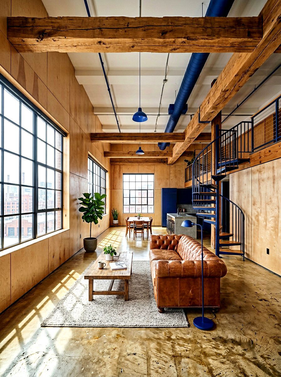 Reclaimed Wood and Plywood Industrial Loft Space - 30 mixed wood tone decor ideas