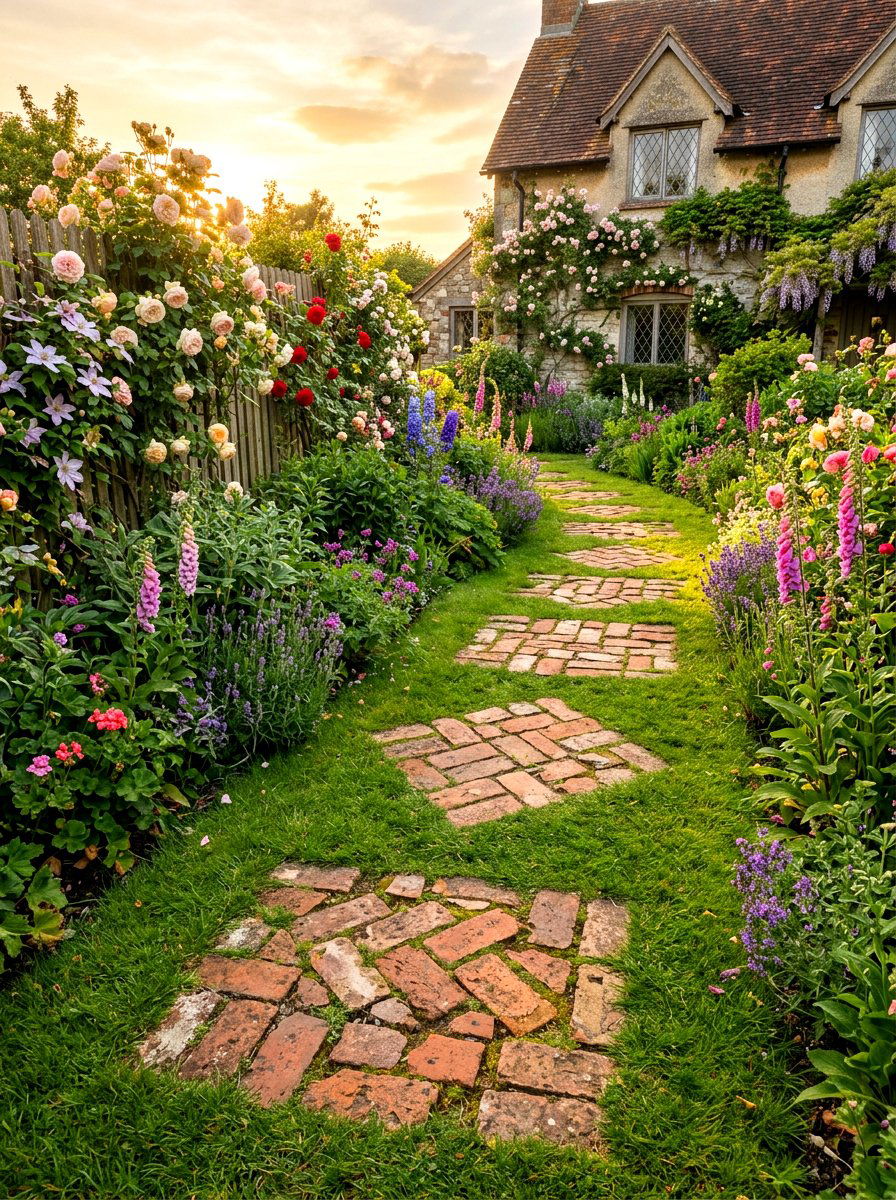 Reclaimed brick garden path - 30 stepping stones through grass ideas