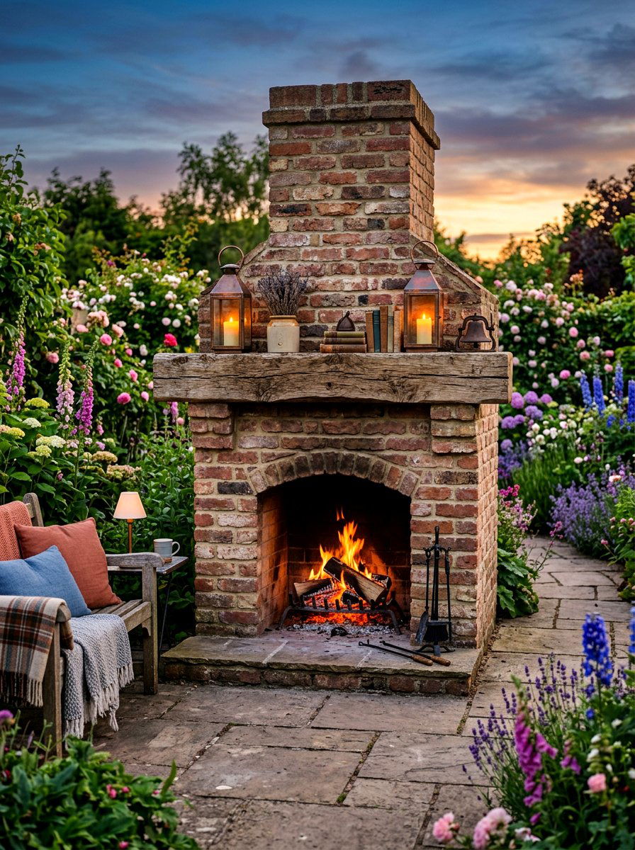 Reclaimed brick outdoor fireplace mantle - 30 brick outdoor fireplace ideas