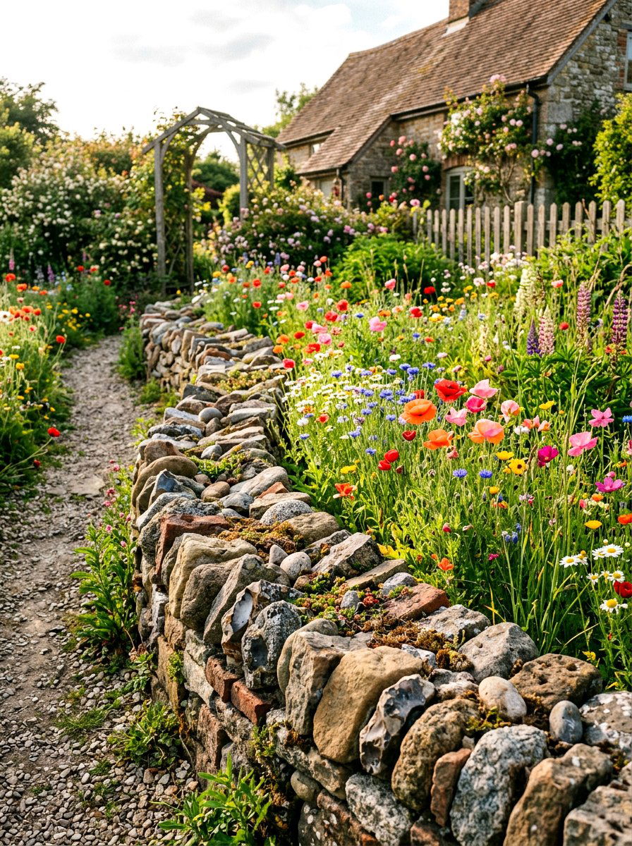 Reclaimed rubble stone border - 30 stone edging front yard ideas